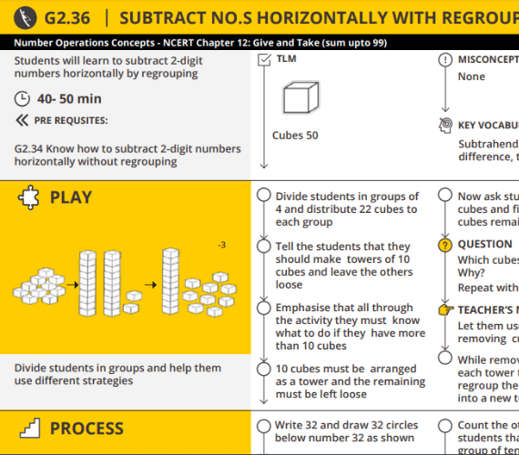 Subtracts horizontally with regrouping (2-digit numbers)